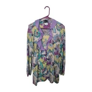 Slinky Brand Top Womens 1X Button Ruffle Shoulder pads Floral Purple Grandma